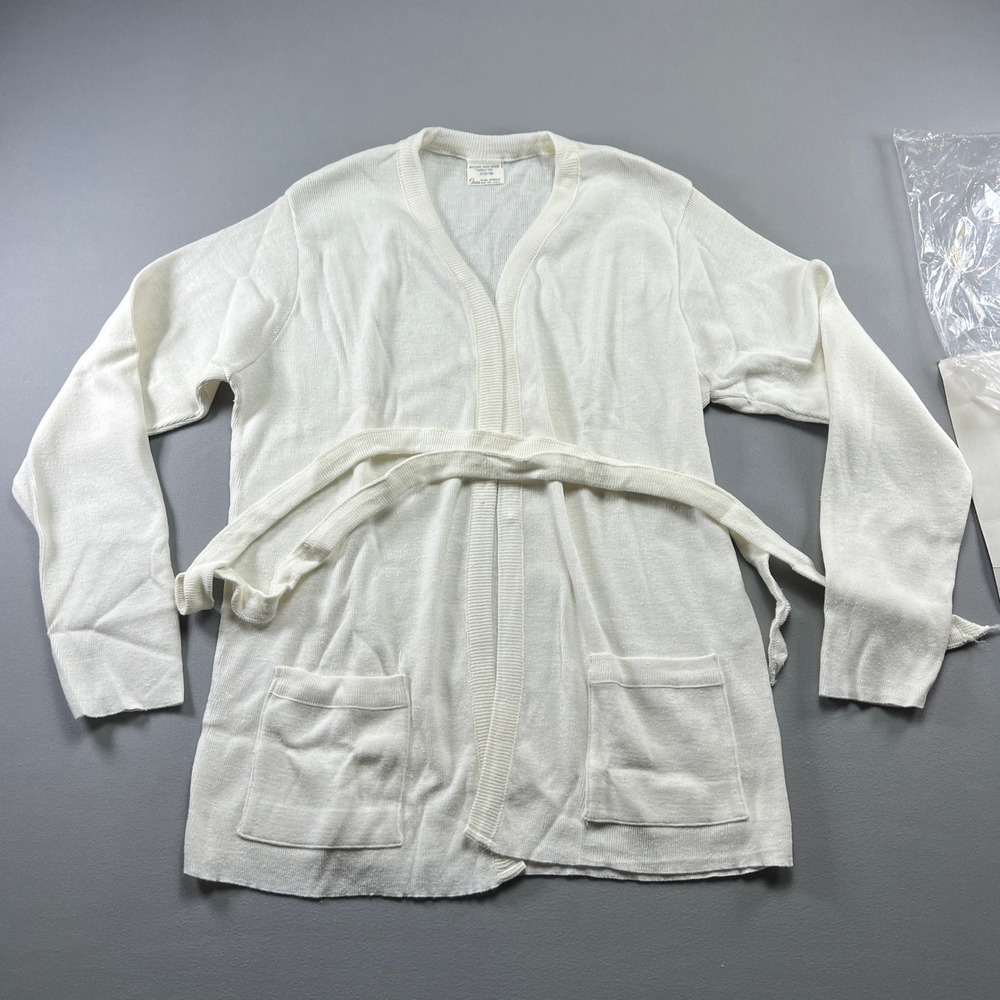 Vintage Sears Cardigan Sweater Women 44 White Knit Belted Open Front Ribbed Trim